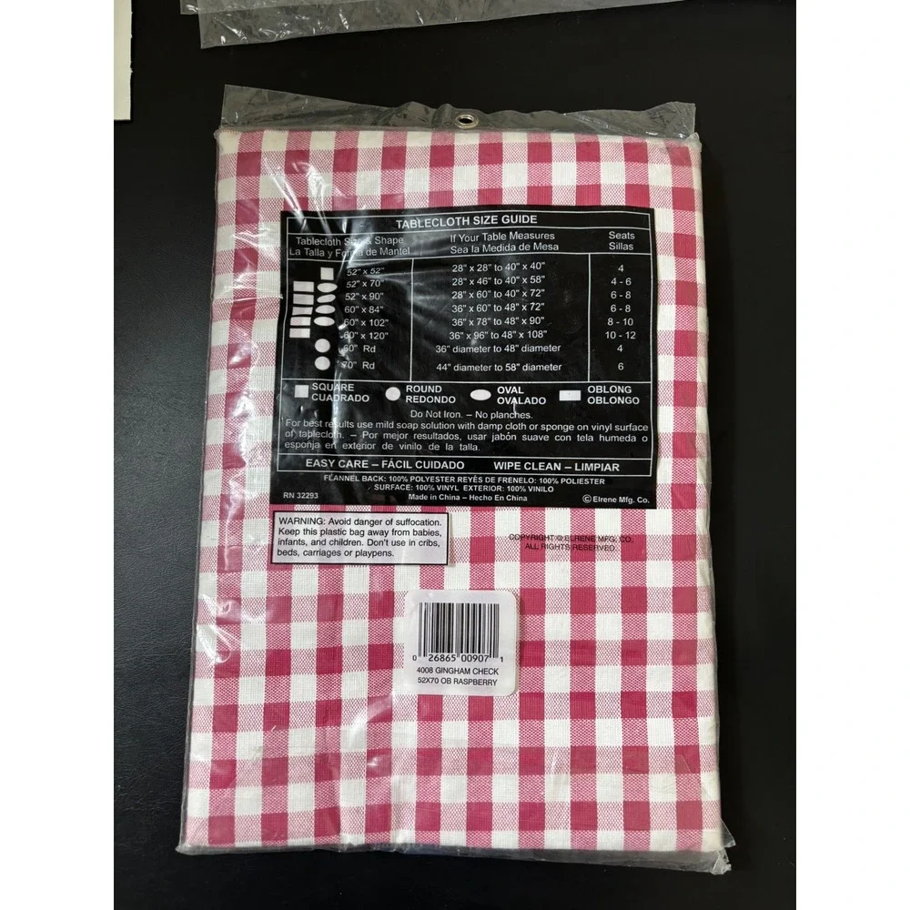 Vintage Elrene Raspberry Gingham Check Vinyl Tablecloth‎ 52x70 Oblong NOS 1999